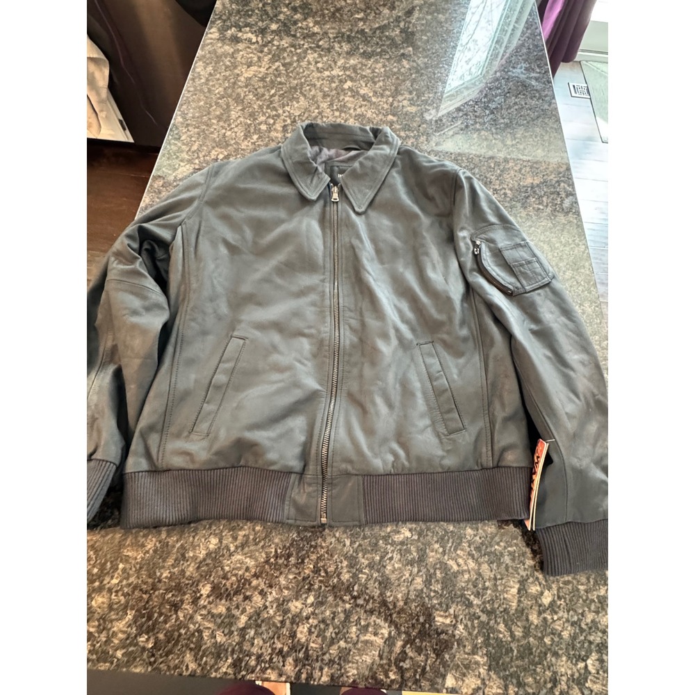 Infinity Waxed Leather Bomber Jacket Charcoal Grey Full Zip coat Mens XL
